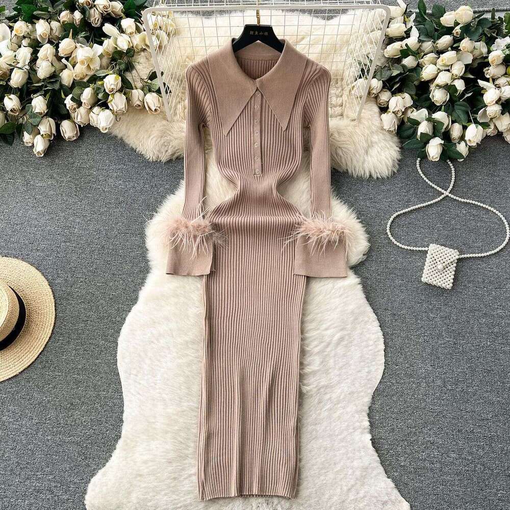 Light Luxury Socialite Style Knitted Dress, Womens Autumn and Winter Lapel, Feather Tight Fitting, High-end Feeling, Niche Temperament Dress Dres BOHO