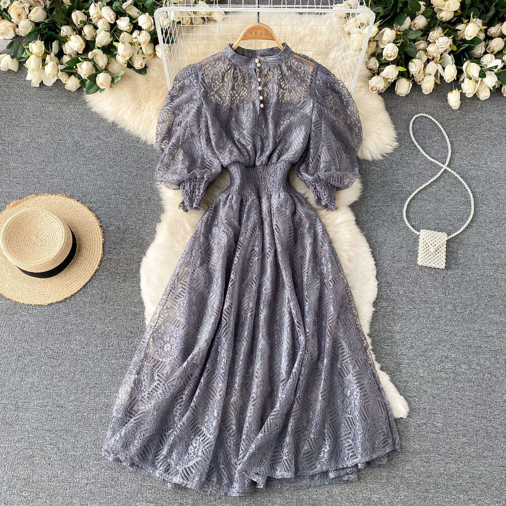 Court Elegant Lace Feminine Style Standing Neck Waist Slim Bubble Sleeves Luxury Feeling Over Knee Long Dress Sexy Dress Short Self-cultivation Silk D