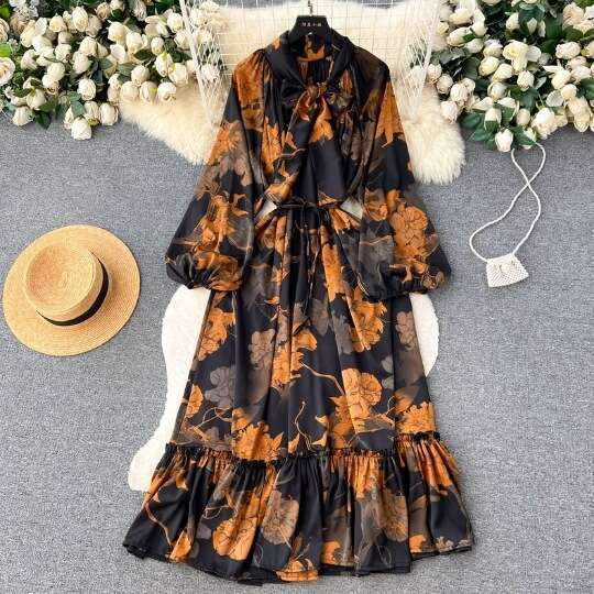 Gentle Style Tea Break Skirt with A High-end Feeling, Bow Tie, Lantern, Long Sleeves, Waist Cinching, Slim and Ruffled Edge Dress for Women Silk Dress