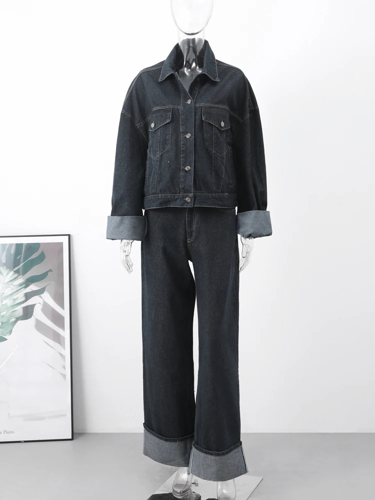 Fashion Patchwork Women Denim Suit Lapel Long Sleeve Coat Straight Wide Leg Jeans Suits Female Autumn Streetwear Jacket Pant Set 240715