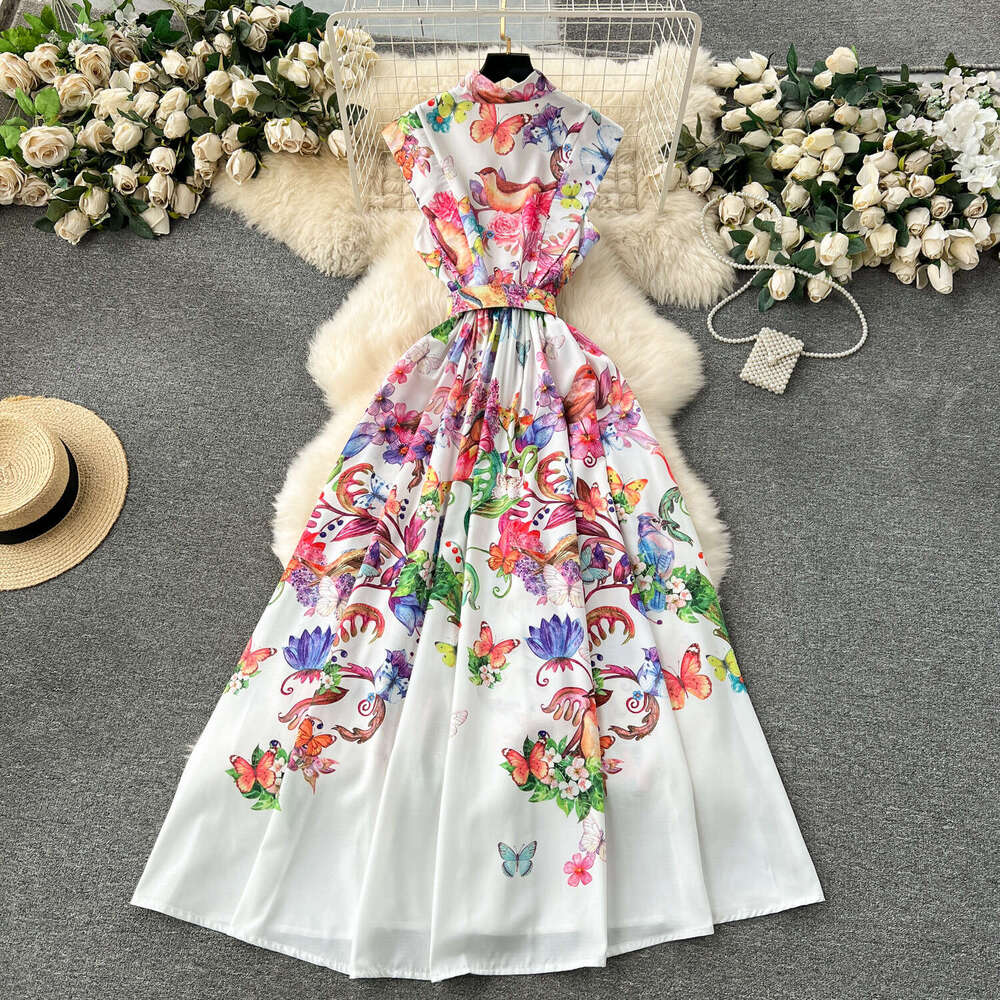 French Haute Couture Socialite Style Dress, Holiday Design, Printed Slim Fit Long Sleeveless Shirt Dress Self-cultivation Bifurcated SKINNY DRESS Lace