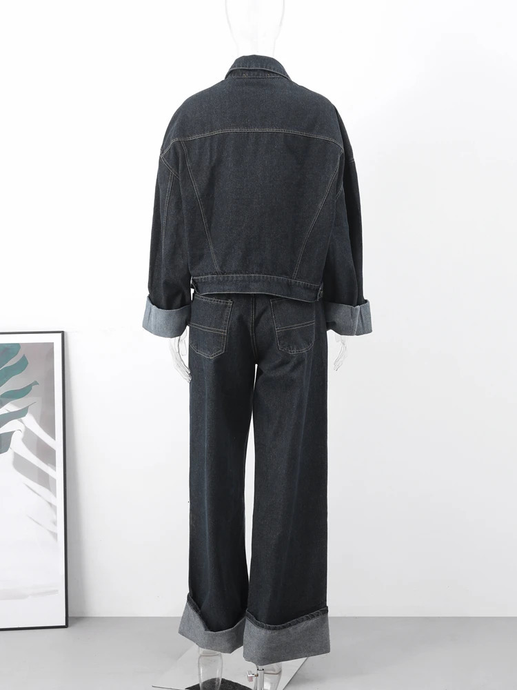 Fashion Patchwork Women Denim Suit Lapel Long Sleeve Coat Straight Wide Leg Jeans Suits Female Autumn Streetwear Jacket Pant Set 240715