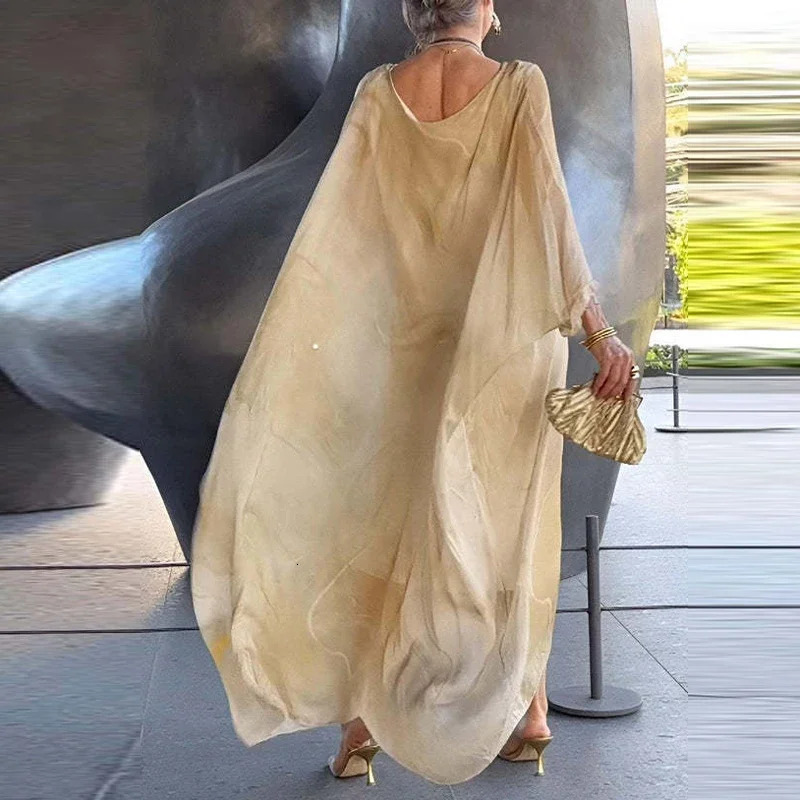 Elegant Marble Texture Print Commuting Dress Women Spring Round Neck Long Chiffon Dresses Summer Batwing Sleeve Loose Boho 240712
