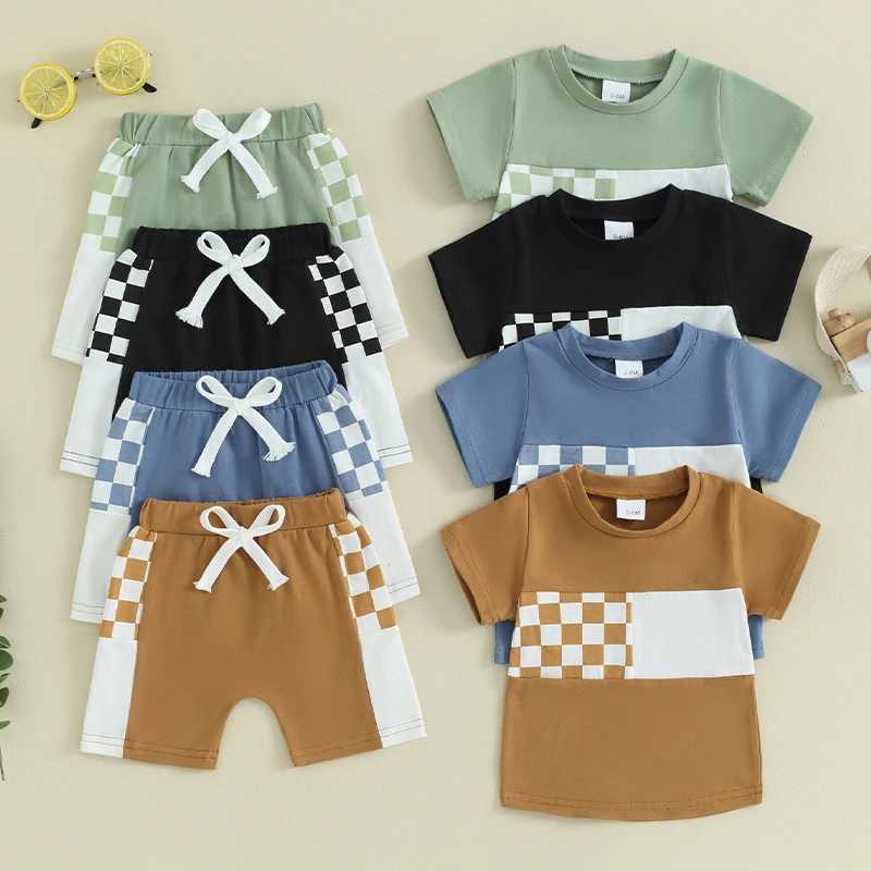 Clothing Sets Baby Boy Summer Outfits Clothing Set Plaid Patchwork Short Sleeve T-Shirt and Elastic Shorts Set Toddler Children Clothes