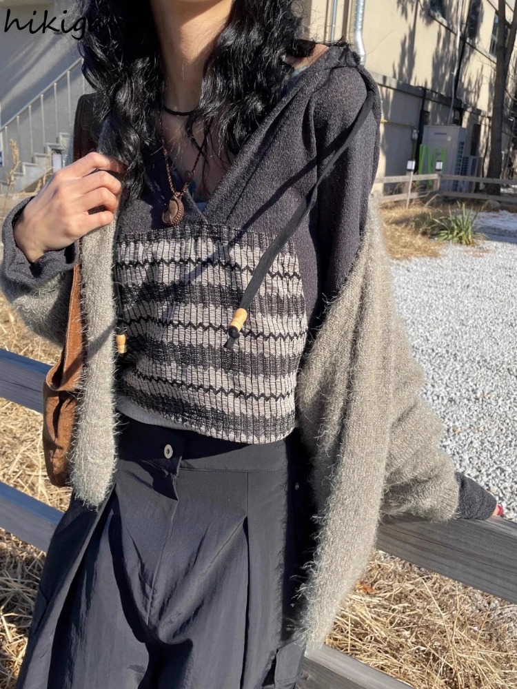 Knitted T Shirts Women Clothes Patchwork Print Hooded Long Sleeve Crop Tops Ropa Mujer Casual Fashion Vintage Korean Tshirt 240715