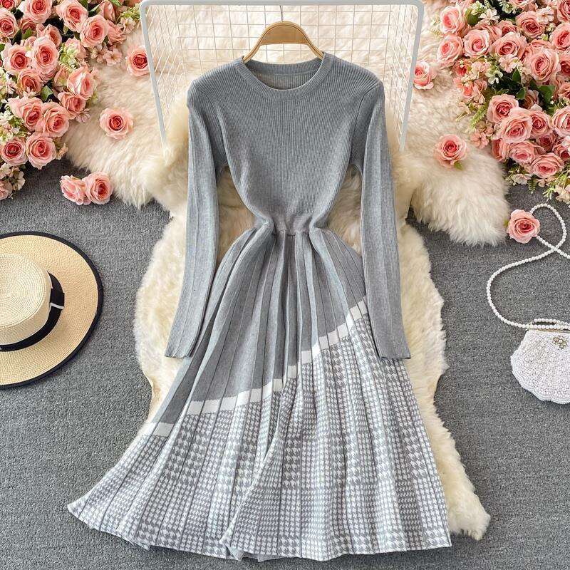 Woolen Dress with Coat, Autumn and Winter Round Neck Plaid Patchwork Knitted Dress, Mid to Long Pleated A-line Skirt Bifurcated Lace Dress Round Neck 
