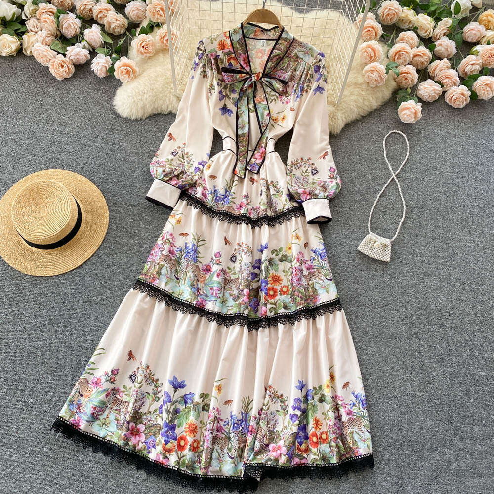 Palace Style Elegant Floral High-end Dress with Tie and Bow, Cinching Waist for Slimming Effect, Lace Over Knee Long Skirt Self-cultivation Lace Dress