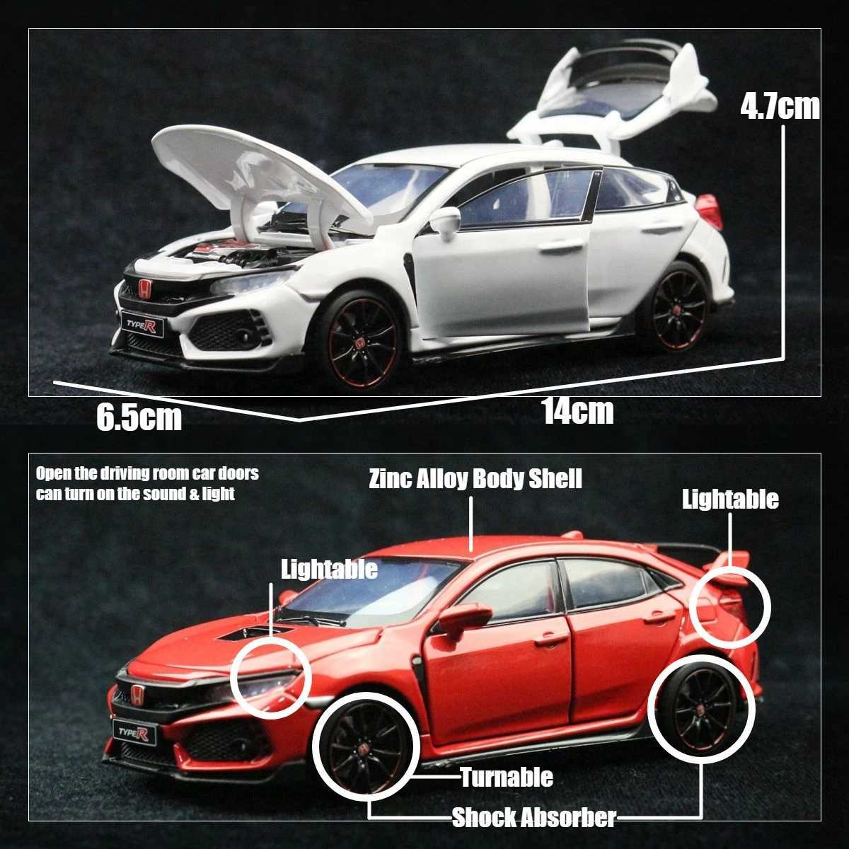 1/32 Honda Civic Type R Toy Car For Children Diecast Miniature Model Pull Back Doors Openable Sound Light Collection Gift BoysM240717