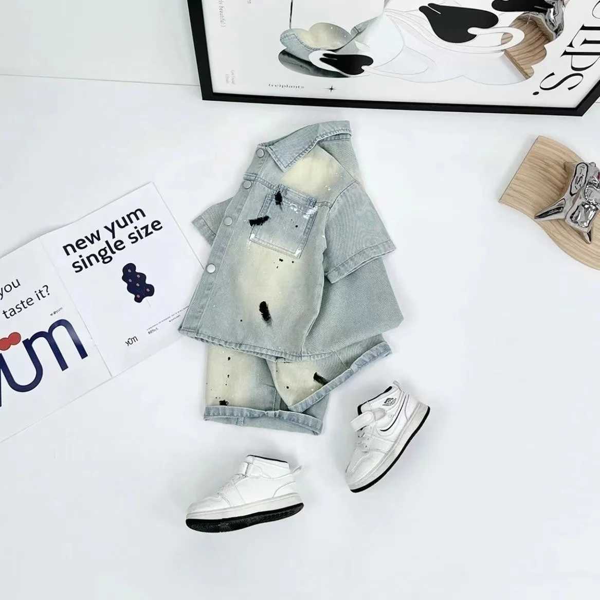 Clothing Sets Kid Thin Clothes Boys Summer Set 2024 New Girls Splashing Ink Washing Soft Denim Short Sleeved Shirt and Shorts 2pcs 2-7Y