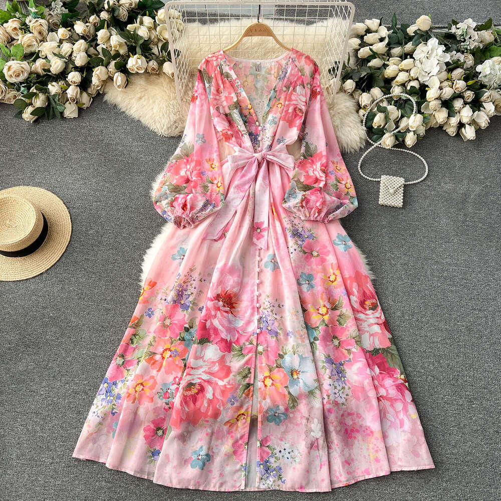 Fanhua Series Sexy Deep V-neck Buckle Tie Waist Long Version Dress, Niche Print Chiffon Vacation Dress Sexy Temperament Oversize Dress SKINNY DRESS