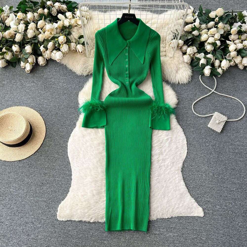 Light Luxury Socialite Style Knitted Dress, Womens Autumn and Winter Lapel, Feather Tight Fitting, High-end Feeling, Niche Temperament Dress Dres BOHO
