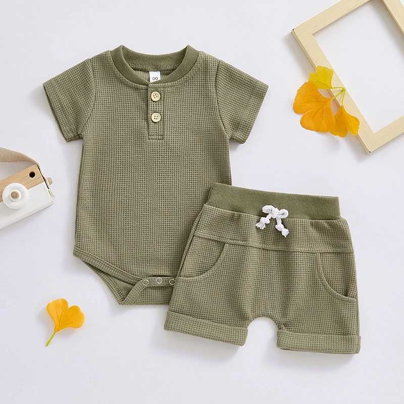 Clothing Sets Summer Newborn Infant Baby Boys Clothes Sets Solid Color Short Sleeve Button Up Waffle Romper and Casual Shorts Sets