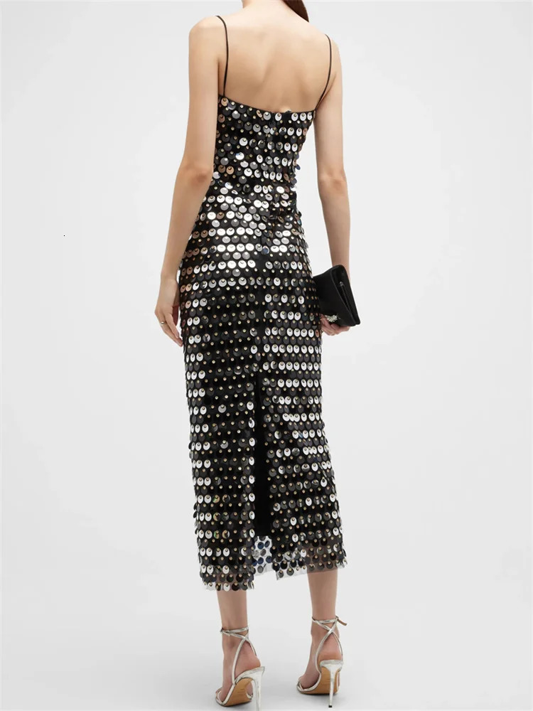 Women Sequins Midi Dress Spaghetti Strap Sleeveless Bodycon Split Dress Summer Cocktail Party Club Sexy Chic Dresses Clothes 240716