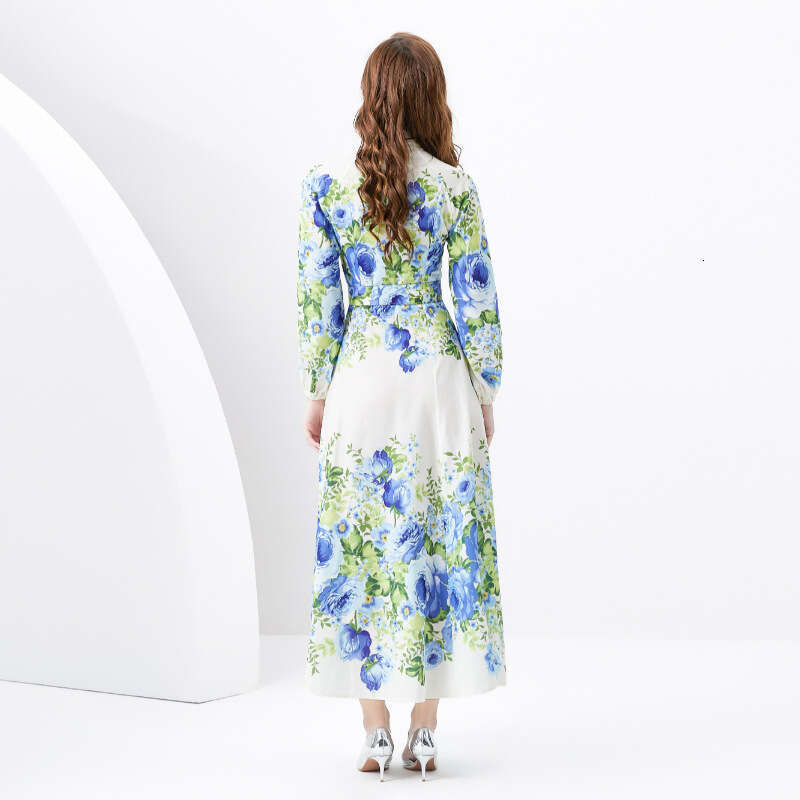 Ladies 2024 Spring/summer - Vacation Style Stand Up Collar Single Breasted Printed Wide Swing Long Dress Self-cultivation Sexy Loose BOHO DRESS Denim 