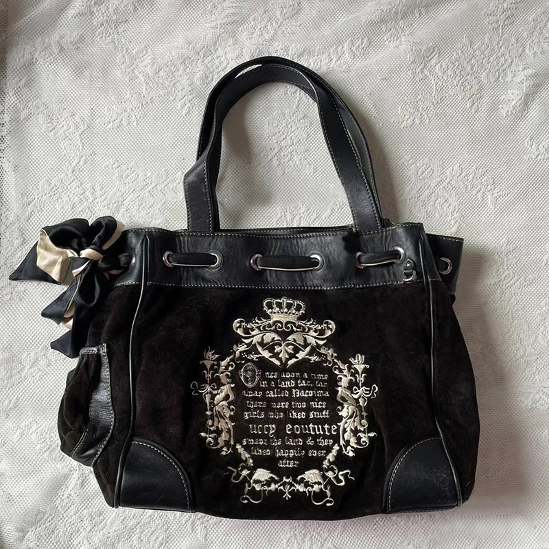 Y2K Vintage Fashionable Hot Girl Hit Color Texture Veet Embroidery Large-Capacity Shoulder Tote Female Kawaii Purse Chic Bag 4