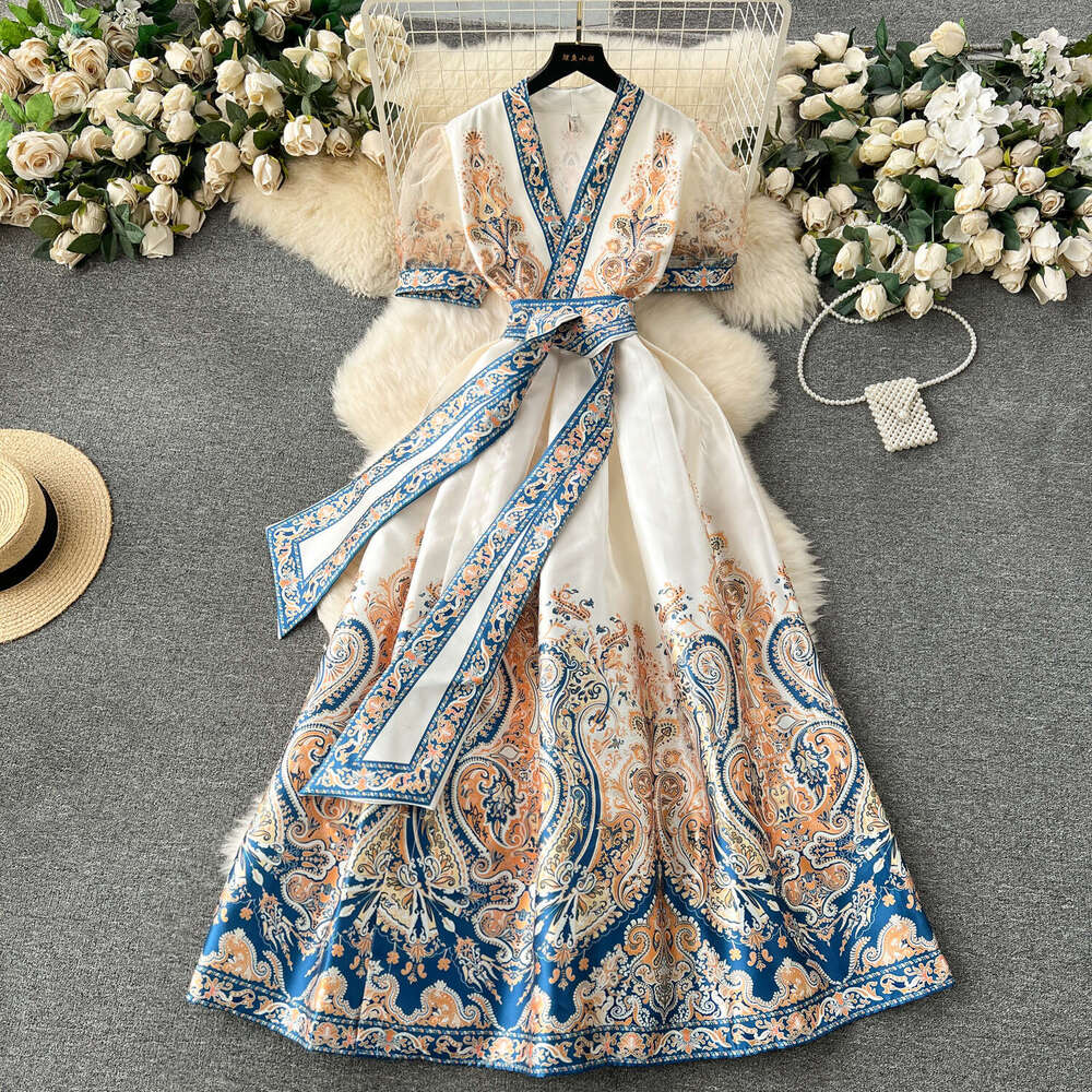 Palace with A High-end Feel, Light Luxury, and Niche Print Strap, Slim Fit Long French Style Bubble Sleeve Dress Sexy Waist Round Neck Dress Denim Dre