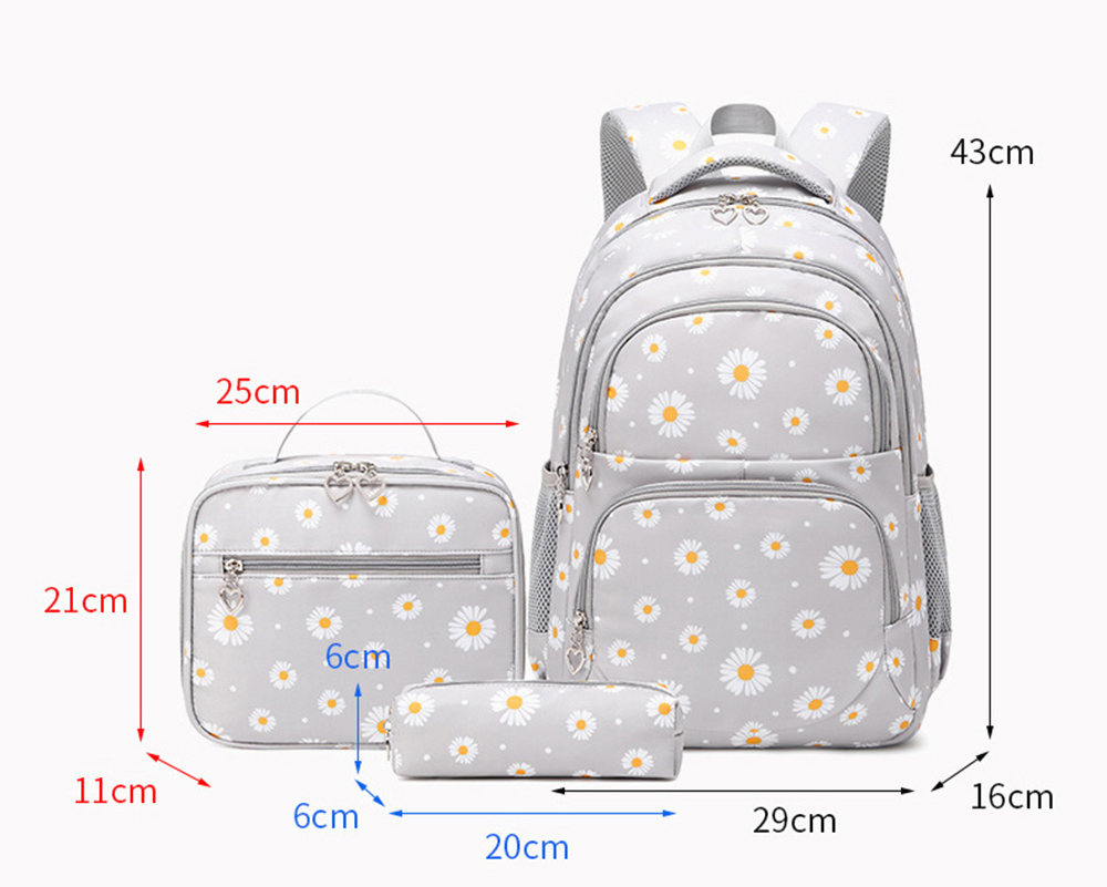 Daisy Prints School Backpack Set with Lunch Kits Bookbag for Teenager Girls 3pcs SchoolBag for Primary Student Book Bag