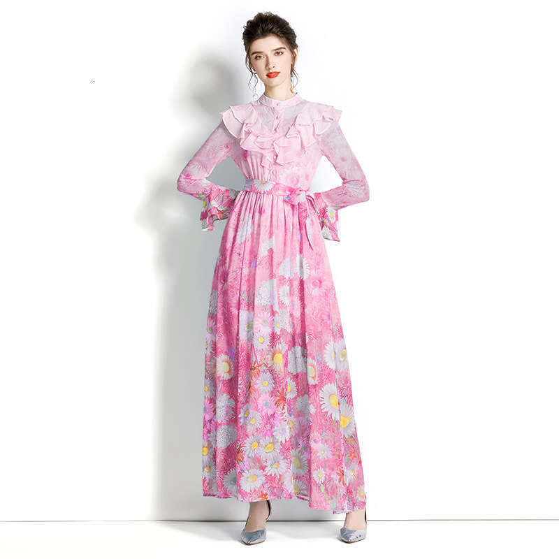 Design-2023 Early Spring Stand Up Collar, Ruffle Edge, Flare Sleeves, Long Printed Dress Fishtail Dress Self-cultivation Sexy Oversize Dress SKINNY DR