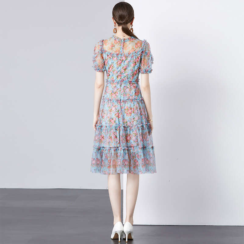 2024 Summer New Womens Wear Heavy Industry Mesh Green Emerald Flower Printed Skirt Brick Stone Bead Fairy Dress Loose Temperament High Waist Dress Den