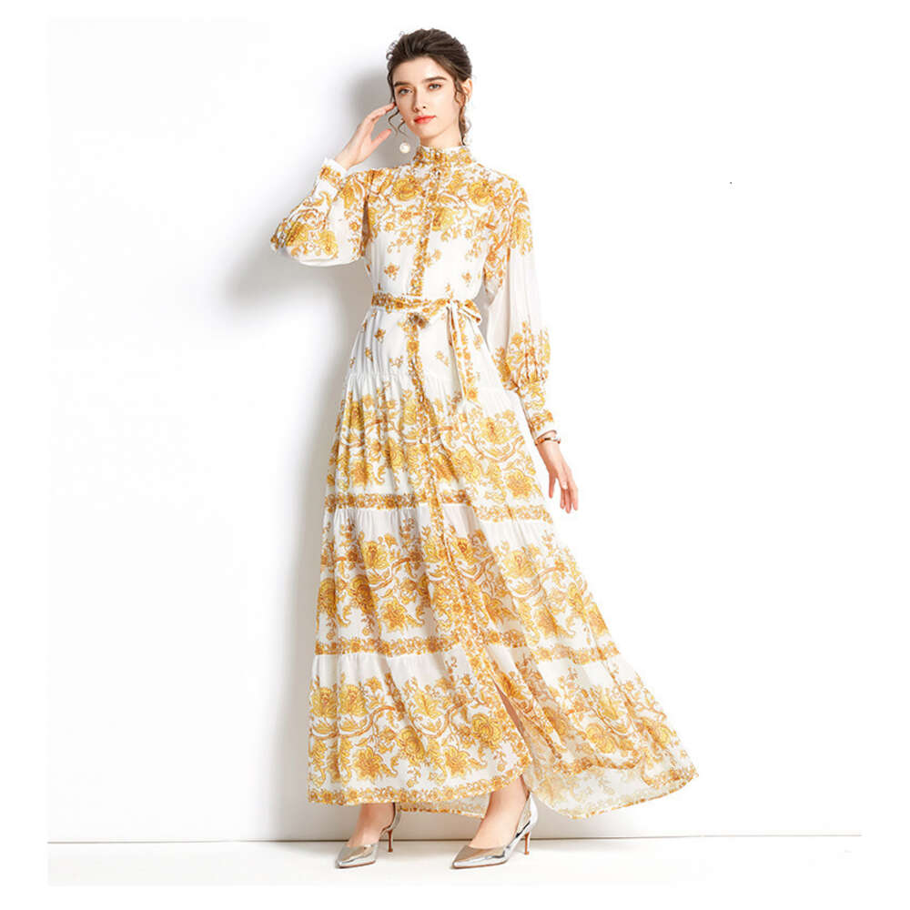 Design -2022 Standing Neck Lantern Sleeves Single Flap Wave Edge Long Printed Dress Autumn Dress Women Temperament Self-cultivation SKINNY DRESS