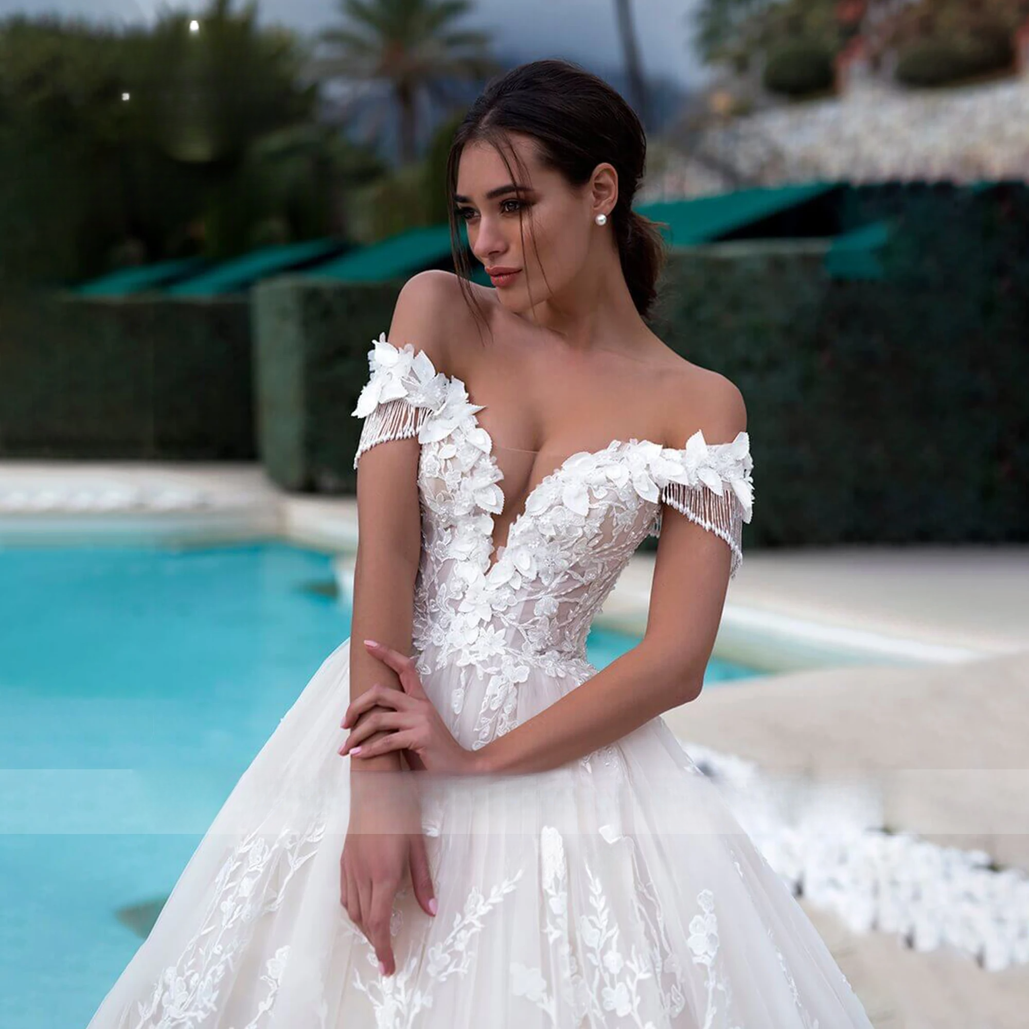 Michelle Royce Ball Dress 2024 Off the Shoulder Appliques Beading Lace V-neck Wedding Gown Vestidos De Novia