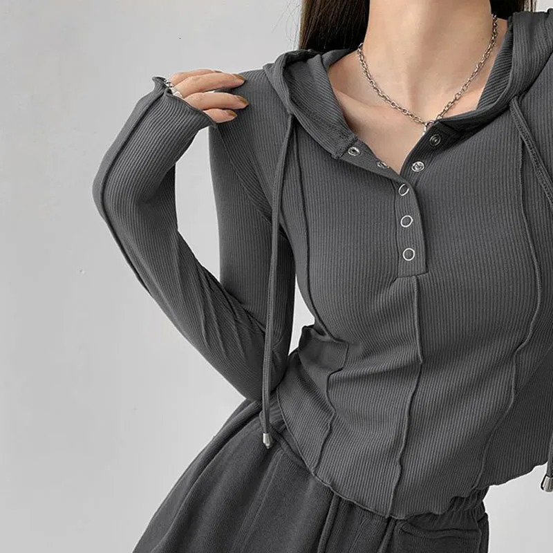 Rimocy Hooded Button Up Crop Top Women Autumn Winter Slim Fit Long Sleeve Y2K Top Woman Streetwear Wild Elastic T-Shirt Female 240716