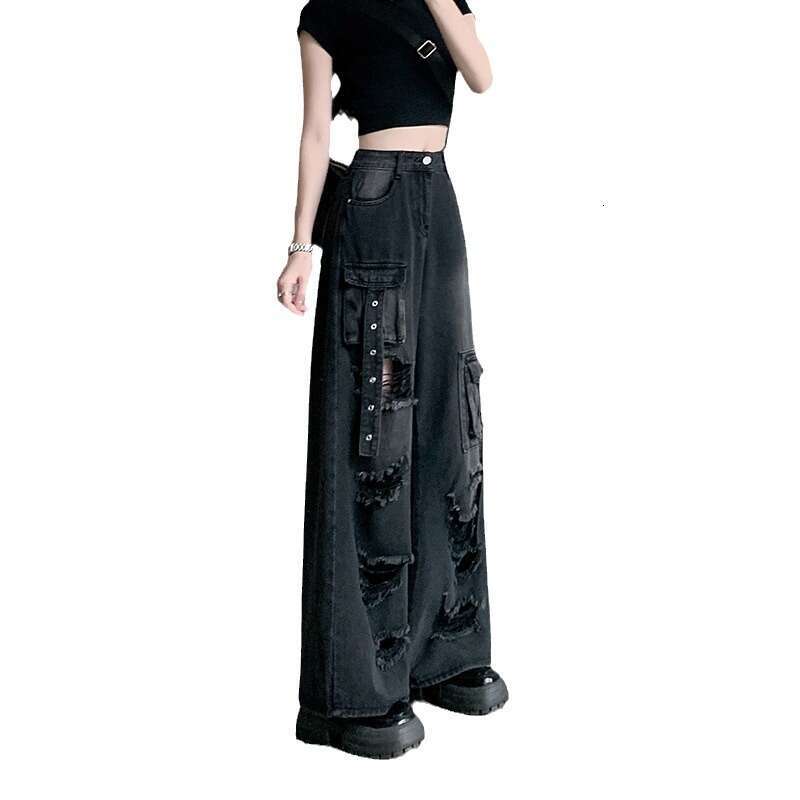 ~black Multi Pocket Ripped Workwear Jeans for Women's Summer New High Waisted Straight Leg Pants Super Elasticity Pants Trousers Cartoon Gold Vel