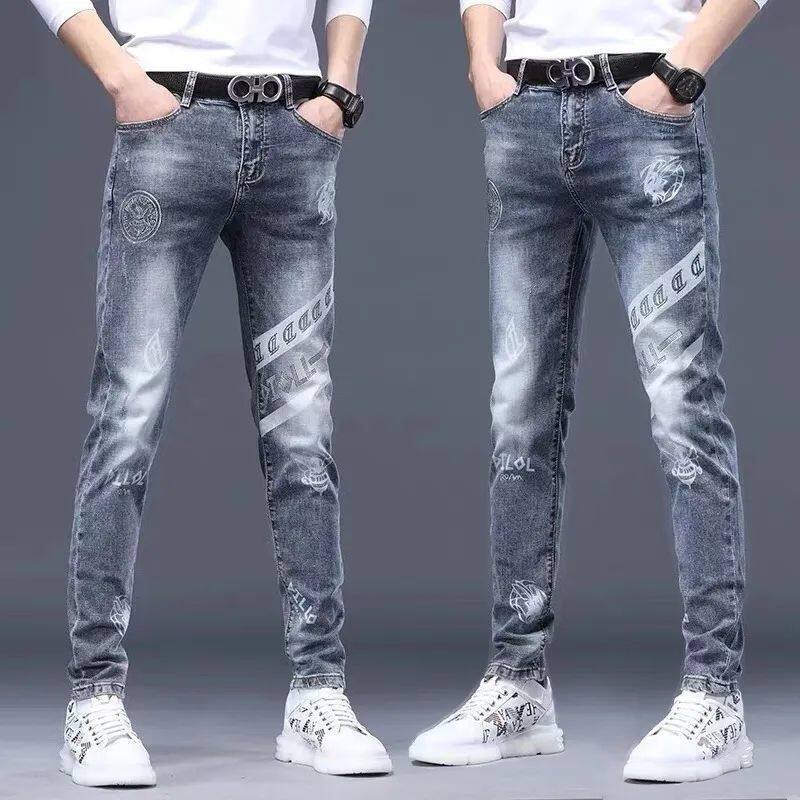 Gray jeans spring and autumn men's elastic slim feet pants Korean casual trend all-match