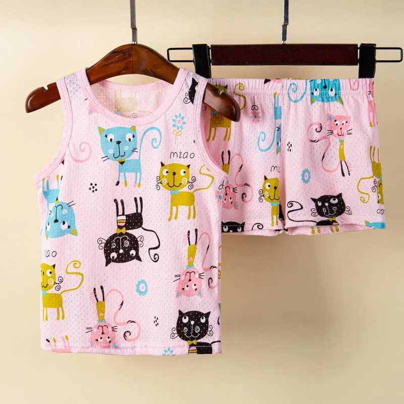 Cat pajamas for girls cotton summer clothes sleeveless children aged 1 to 9 lounge for boys dinosaur car printed pajamasW240716