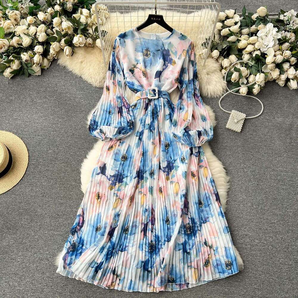 French Kikyu Skirt Spring 2024 New Heavy Industry Pressed Bubble Sleeves Slim Fit Mid Length Hundred Pleated Chiffon Dress Bifurcated Waist Denim Dres