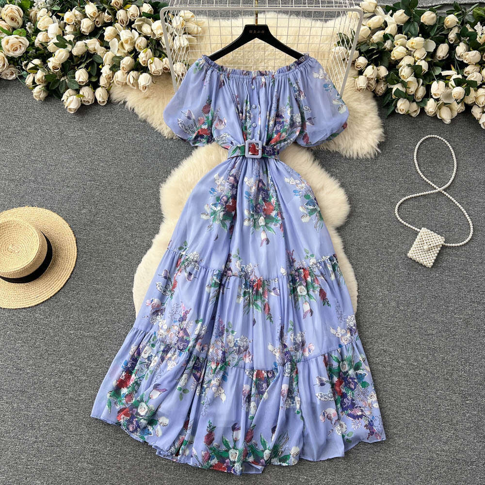 French One Shoulder Fragmented Flower Dress Womens Summer New Elegant and Stylish Slim Bubble Sleeves Super Immortal Chiffon Bifurcated BOHO DRESS