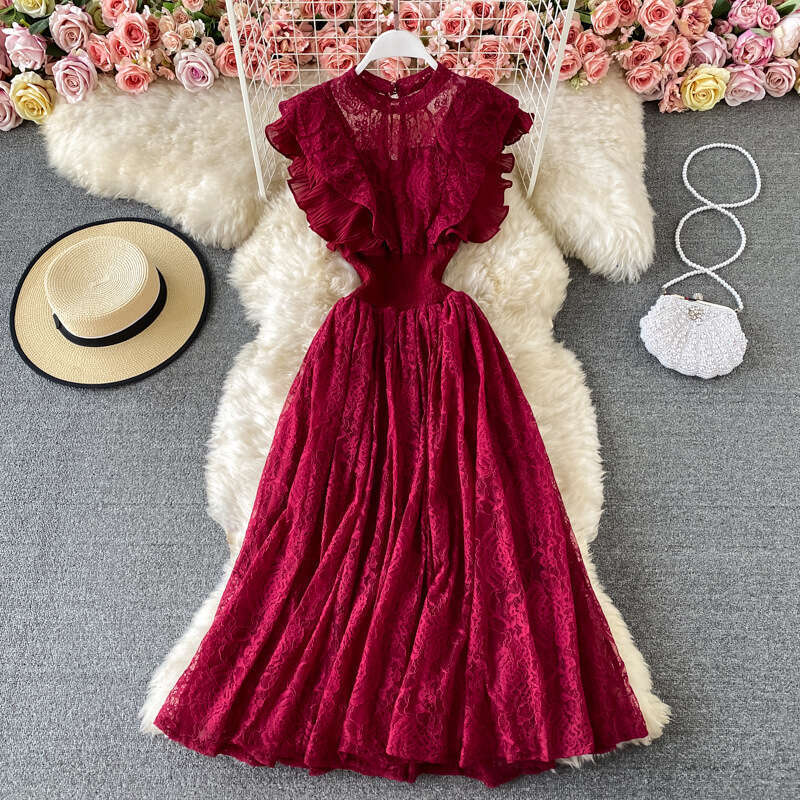 Spring Autumn Lace Round Neck Sleeves Fashionable Slimming and Elegant Ruffle Edge Long Skirt Dress Short Loose Temperament Bifurcated Silk Dress Deni