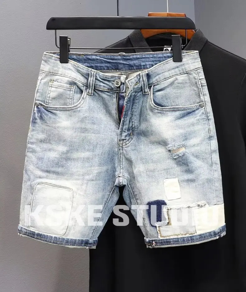 Summer Men Washed Hole Loose Denim Shorts Fashion Old Stretch Slim Fit Capris Beggar 5-point Pants Male Streetwear Jeans Shorts 240715