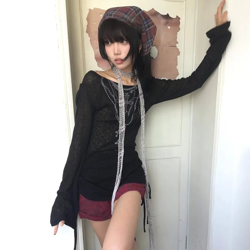 Karrram Japanese Y2k Knitted Tops Grunge Tattoo Print Long Sleeve T-shirt Ribbed Vintage Harajuku Shirring Knitwear 2000s Gothic 240716