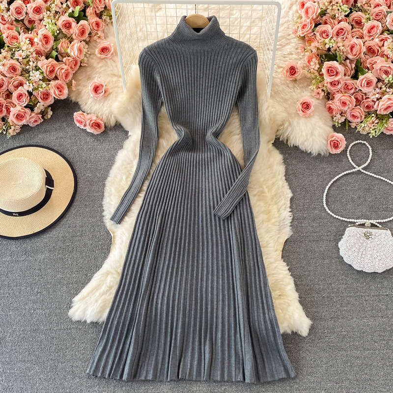 Underlay Coat with Pleated Long Fit and Slim Fit, Half High Collar, Knee Length Sweater Skirt, Knitted Dress Short Self-cultivation BOHO DRESS
