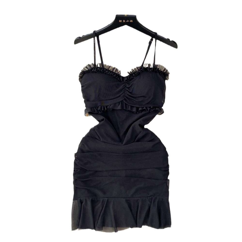 Wind Camisole Dress, Sexy and Feminine, Mesh Wrapped Buttocks Skirt, Pure Desire, Spicy Girl Slim Fit, Ruffled Edge Short Skirt Round Neck Dress Overs
