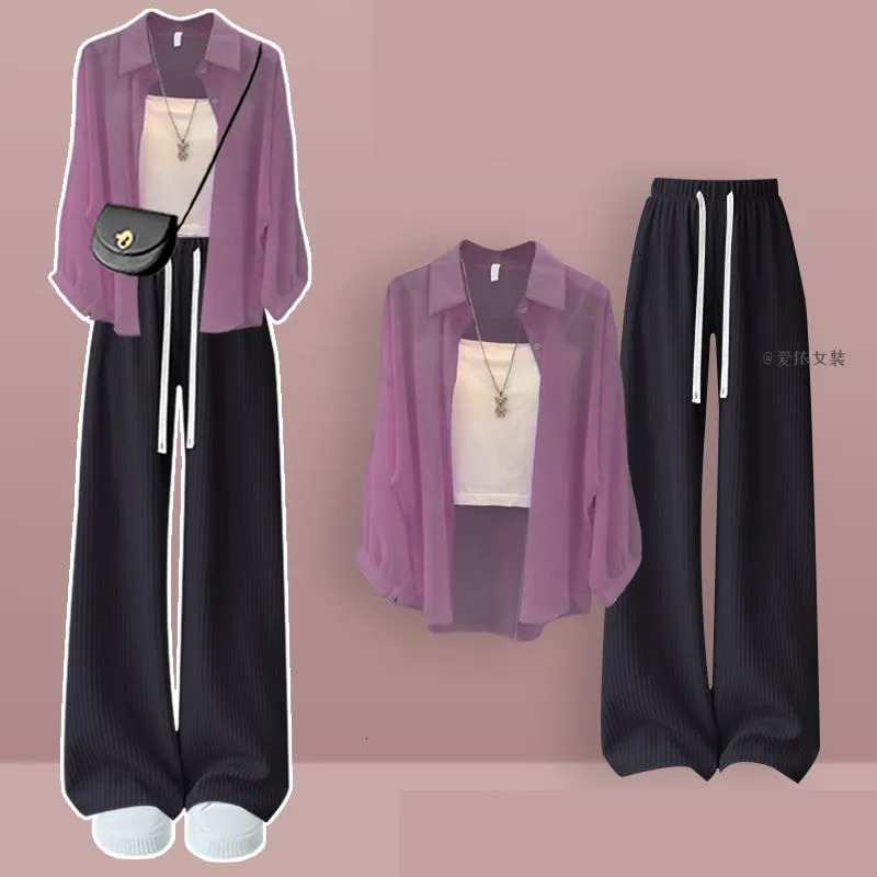 2024 Summer Korean Casual Tracksuit Matching Set Womens Loose Chiffon Sunscreen Shirtsuspenderwide Leg Pants 3 Piece Suit 240716