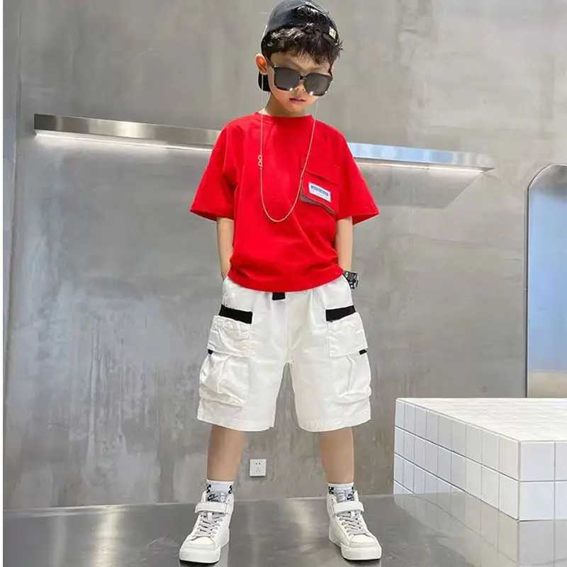 Clothing Sets 4-11Y Teenage Boys Clothing Set Summer New Fashionable Korean Childrens Loose Short sleeved T-shirt Shorts Two piece Set