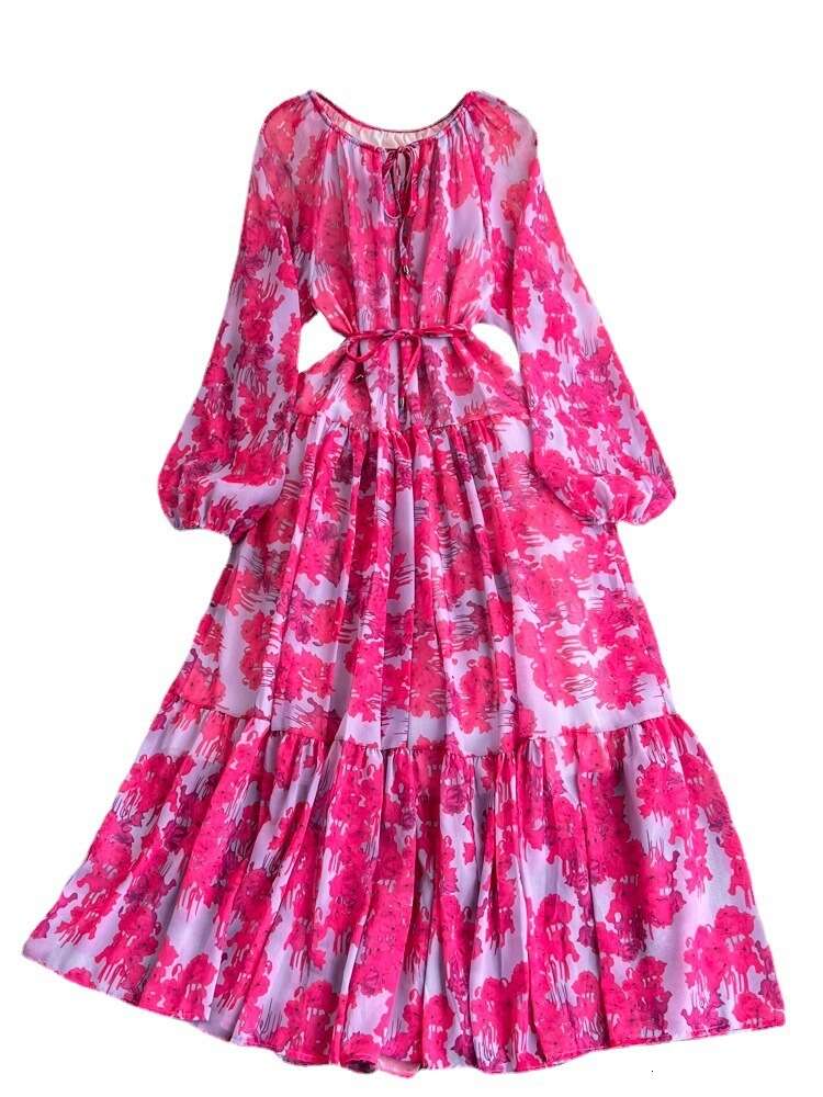 Summer French Tea Break Big Swing Skirt Gentle Style Long Sleeved V-neck Waist Cinching for Slimming A-line Ruffle Edge Printed Dress Denim Dress Silk