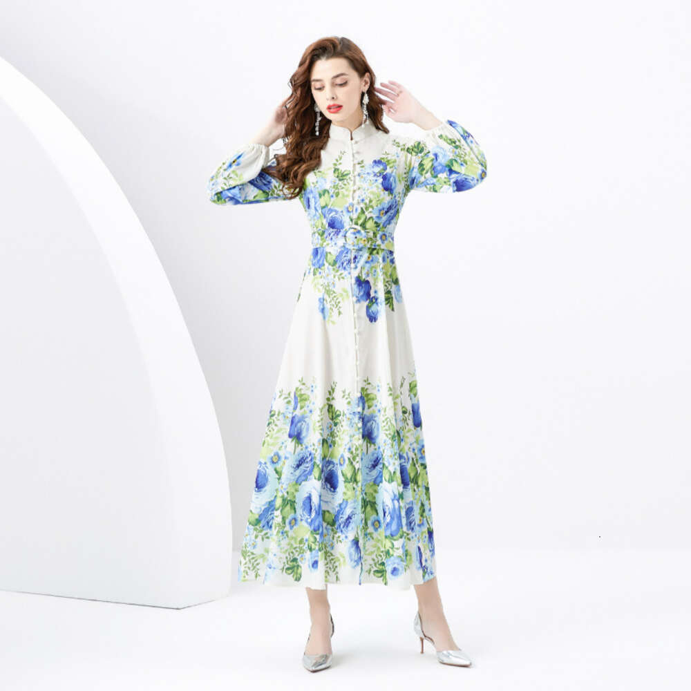 Ladies 2024 Spring/summer - Vacation Style Stand Up Collar Single Breasted Printed Wide Swing Long Dress Self-cultivation Sexy Loose BOHO DRESS Denim 