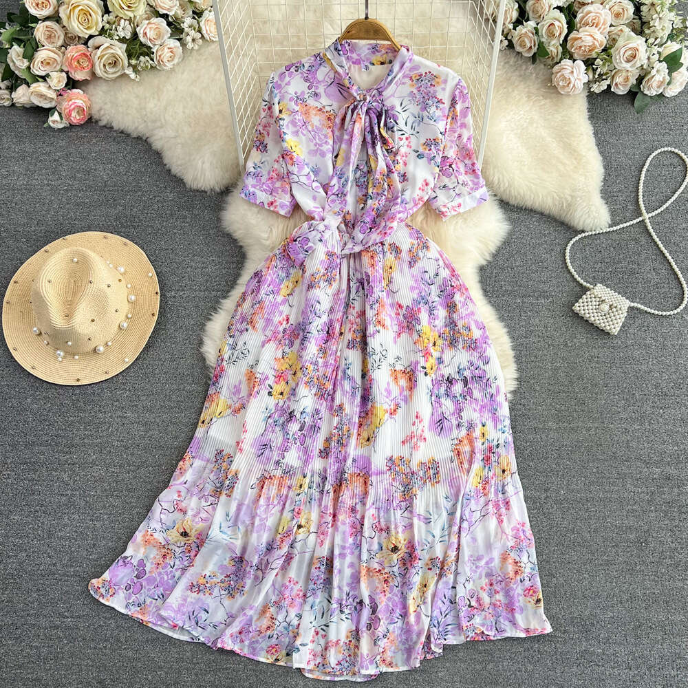 French First Love Sweet Short Sleeved Bowtie Tie Waist Slimming Mid Length A-line Pleated Flower Dress Waist Short Loose Temperament Pregnant Womens D