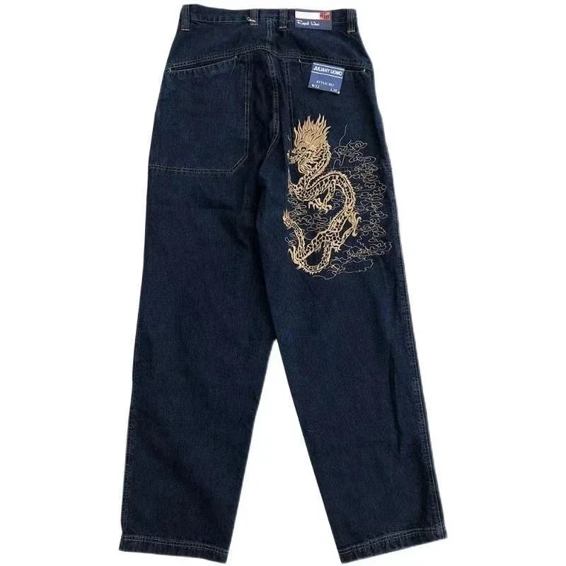 Harajuku Retro Hip Hop Dragon Pattern Jeans Black Oversized Baggy Y2k Jeans Men Women Gothic Wide Trousers Streetwear 240704CJ