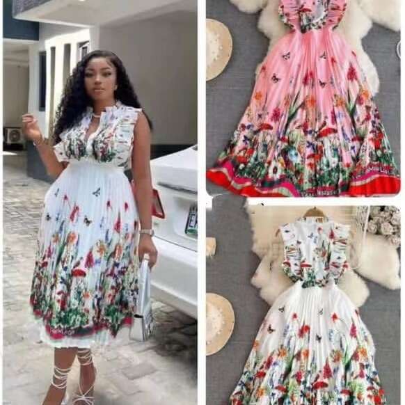 French Fashionable Countryside Flower Print Sleeveless Dress Summer New High Waist Slim Pressed Pleated Skirt Self-cultivation High Waist Dress Denim 