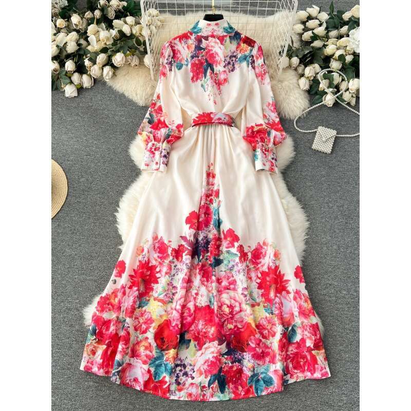 Palace French Elegant for Womens Spring and Autumn New High Grade Standing Neck Lantern Long Sleeve Waist Wrapped Print Dress Pregnant Womens Dress La