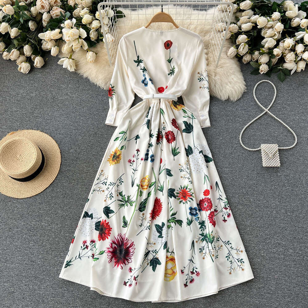 Instagram Style Spring/summer New High-end Print Fashion Slim Fit Temperament Single Breasted Dress Large Hem Long Skirt Bifurcated Temperament Waist 