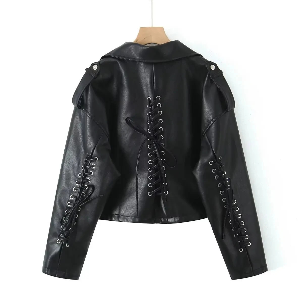 Vintage Bomber Jacket Women Lace Up Faux Leather Jacket Gothic Water Washed Streewear Coat Spring Autumn Women Clothing 240715