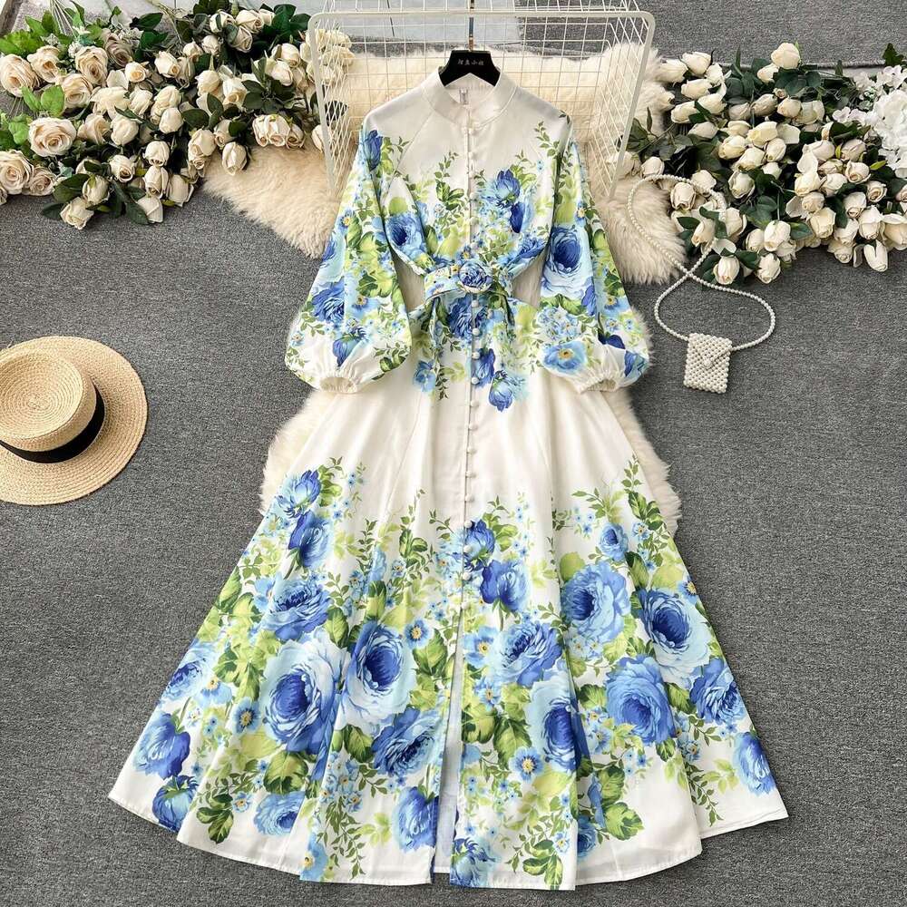 Flower Series Spring Clothing 2024 New High-end Printed Slim Fit Long French Style Bubble Sleeve Temperament Dress Waist Self-cultivation Short SKINNY