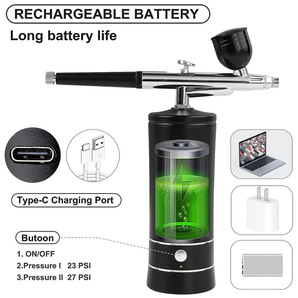 Portable Rechargeable Wireless Airbrush With Compressor Double Action Spray Gun for Face Beauty Nail Art Tattoo Craft Cake Paint 240711