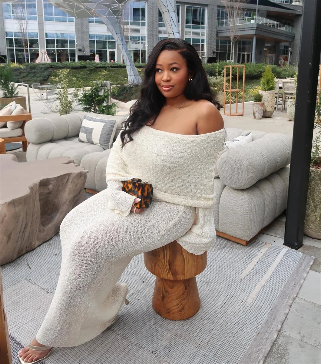 Slim Knitted Sexy See Through Dresses Hollow Out Off The Shoulder Maxi Dress Women Summer Lady Beach Vacation Vestidos 240715