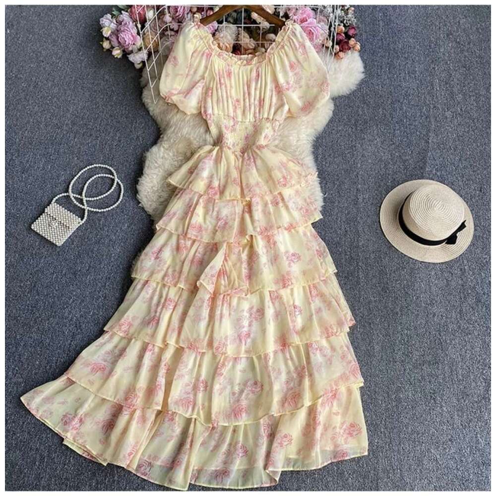 Fragmented Chiffon for Womens Summer New Bubble Short Sleeved Waist Slimming Holiday Luxury Cake Dress Fishtail Dress Waist Short BOHO DRESS High Wais
